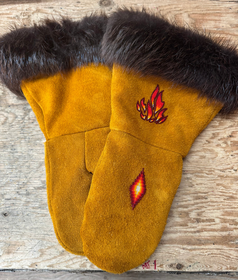 Beaded leather and fur gauntlets - Bill Worb Furs
