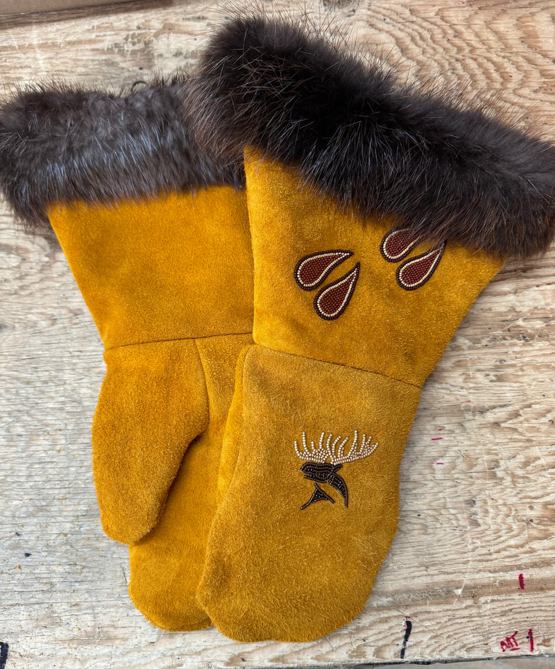 Beaded leather and fur gauntlets - Bill Worb Furs