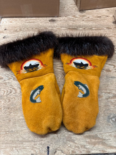 Handmade beaded leather and fur gauntlets - Bill Worb Furs