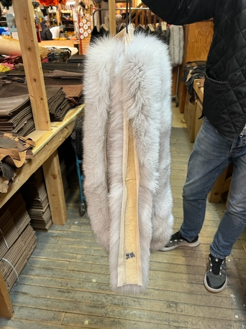 Natural blue fox fur hood ruff tape side - Bill Worb Furs
